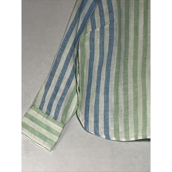 Talbots Linen Shirt Womens MP Striped Blue Green Cropped Boxy Button Up Blouse - Picture 6 of 14
